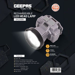 Geepas GHL51094 Rechargeable LED Head Lamp | 3W High-Efficiency LED| 1500mAh Lithium Battery| Type-C Fast Charging| Strong/Weak/SOS Modes|Compact Design| 2 Years Warranty