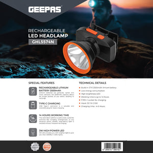 Geepas GHL5574 Rechargeable LED Headlamp | 3W High Brightness LED| 2500mAh Lithium Battery| Type-C Fast Charging| Up to 14 Hours Runtime|  Hands-Free Outdoor Lighting