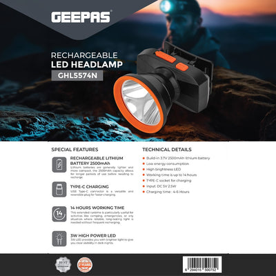 Geepas GHL5574 Rechargeable LED Headlamp | 3W High Brightness LED| 2500mAh Lithium Battery| Type-C Fast Charging| Up to 14 Hours Runtime|  Hands-Free Outdoor Lighting