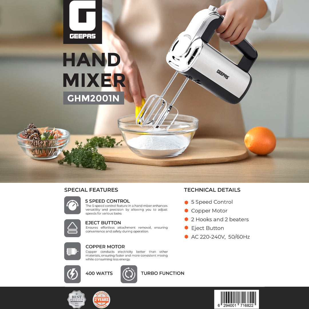 Geepas Hand Mixer GHM2001 | 400W Powerful Electric Hand Mixer| 5 Speed Control| Turbo Function| Stainless Steel Beaters| Lightweight Design| Easy to Use| 2 Years Warranty