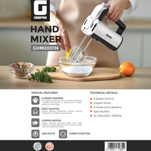Geepas Hand Mixer GHM2001 | 400W Powerful Electric Hand Mixer| 5 Speed Control| Turbo Function| Stainless Steel Beaters| Lightweight Design| Easy to Use| 2 Years Warranty