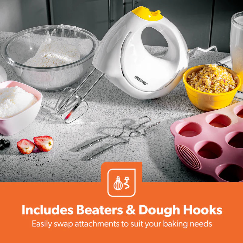 Geepas Hand Mixer GHM43012 | 150W  Hand Mixer | 7 Speed Settings| Turbo Function| Stainless Steel Beaters| Lightweight Design| Easy to Use & Clean| 2 Years Warranty