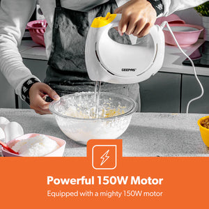 Geepas Hand Mixer GHM43012 | 150W  Hand Mixer | 7 Speed Settings| Turbo Function| Stainless Steel Beaters| Lightweight Design| Easy to Use & Clean| 2 Years Warranty