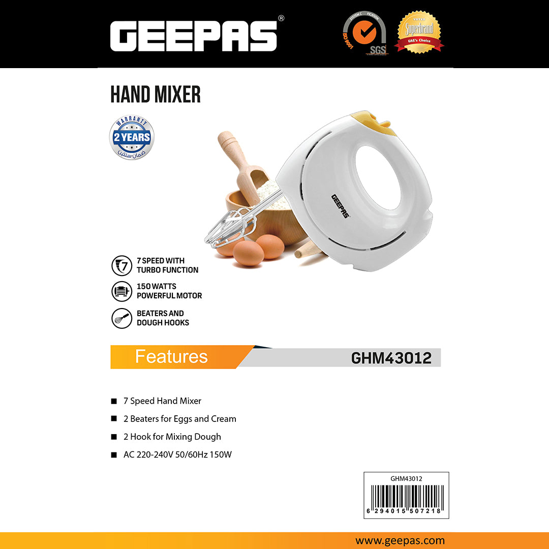 Geepas Hand Mixer GHM43012 | 150W  Hand Mixer | 7 Speed Settings| Turbo Function| Stainless Steel Beaters| Lightweight Design| Easy to Use & Clean| 2 Years Warranty