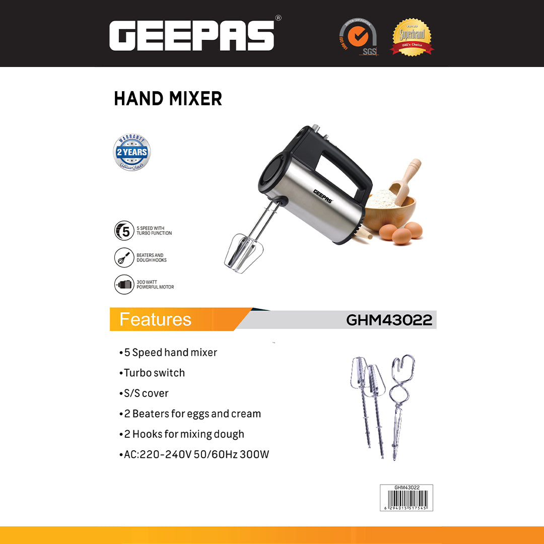 Geepas GHM43022 Hand Mixer | 300W Powerful Motor| 5-Speed Control with Turbo Function| Stainless Steel Beaters & Dough Hooks| Easy Mixing & Baking | 2 Years Warranty