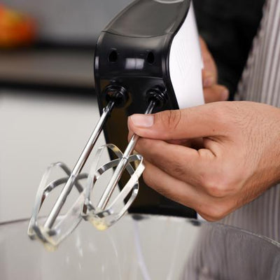 Geepas Hand Mixer- GHM43030/ 150 W, 3 Speed Control, Eject Button and Overheat Protection/ Includes 2 Attachments, Hooks and Beater/ Black and White, 2 Years Warranty