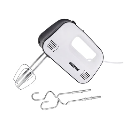 Geepas Hand Mixer- GHM43030/ 150 W, 3 Speed Control, Eject Button and Overheat Protection/ Includes 2 Attachments, Hooks and Beater/ Black and White, 2 Years Warranty