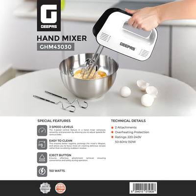 Geepas Hand Mixer- GHM43030/ 150 W, 3 Speed Control, Eject Button and Overheat Protection/ Includes 2 Attachments, Hooks and Beater/ Black and White, 2 Years Warranty