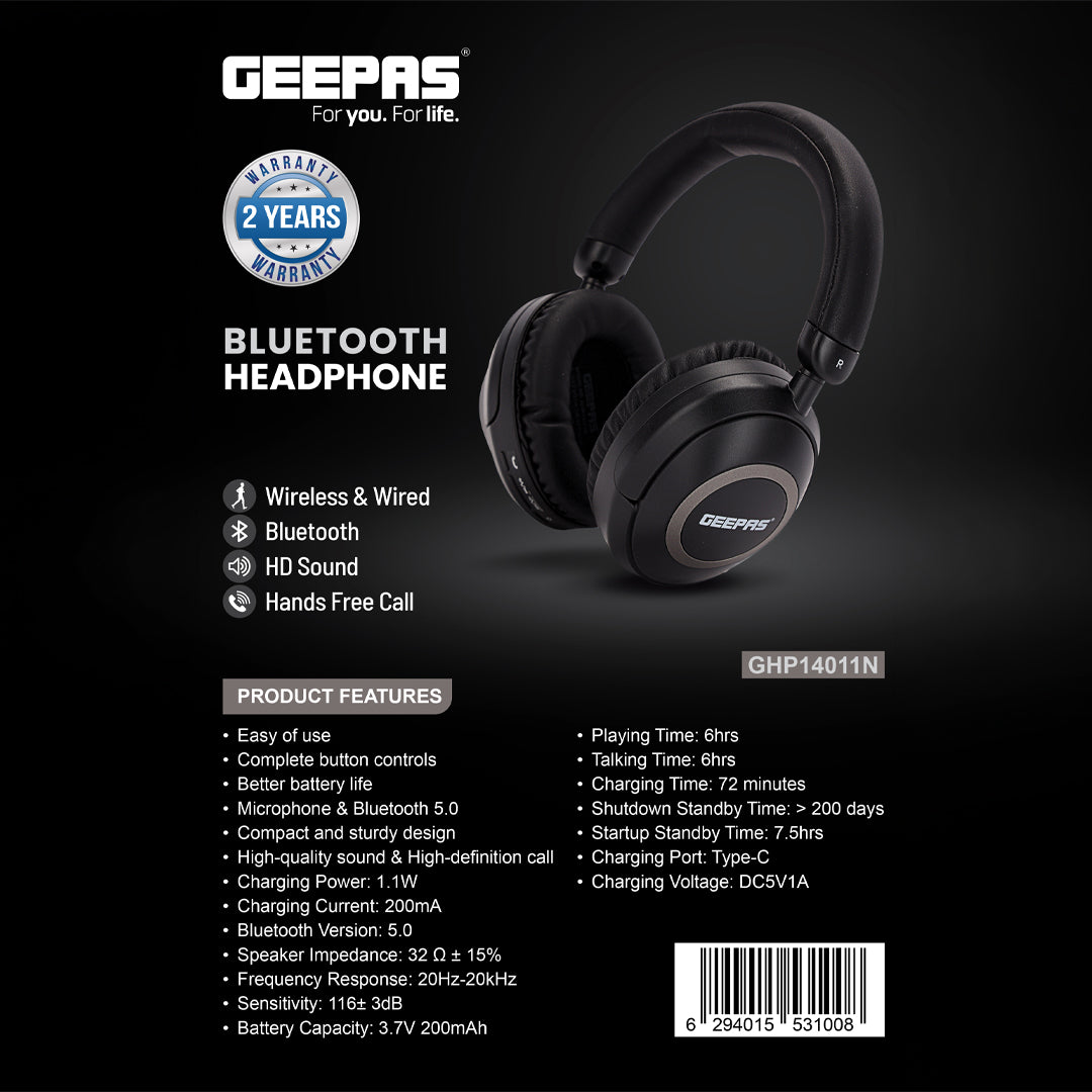 Geepas GHP14011 Bluetooth Headphone | Wireless & Wired Connectivity| Bluetooth 5.0| HD Sound| Type-C Charging| Long Battery Life| Hands-Free Call| 2 Years Warranty