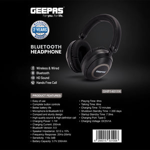 Geepas GHP14011 Bluetooth Headphone | Wireless & Wired Connectivity| Bluetooth 5.0| HD Sound| Type-C Charging| Long Battery Life| Hands-Free Call| 2 Years Warranty