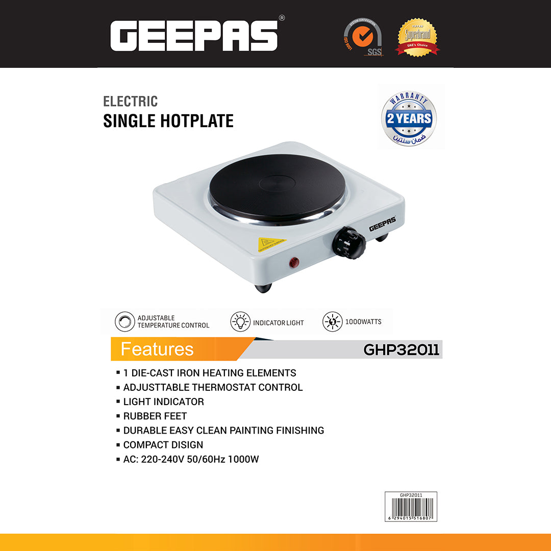 Geepas Electric Single Hot Plate GHP32011 |1000W Portable Cooker with Adjustable Thermostat| Durable Die-Cast Iron Heating Element| Overheat Protection| 2 Years Warranty