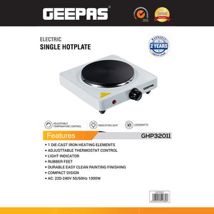 Geepas Electric Single Hot Plate GHP32011 |1000W Portable Cooker with Adjustable Thermostat| Durable Die-Cast Iron Heating Element| Overheat Protection| 2 Years Warranty