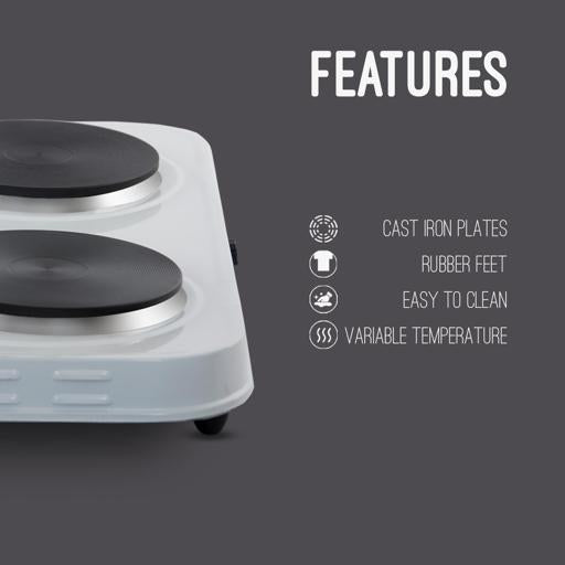 Geepas Double Hot Plate GHP32012 | 2000W Portable Electric Cooker with Adjustable Thermostat| Dual Die-Cast Iron Heating Elements| Overheat Protection| 2 Years Warranty