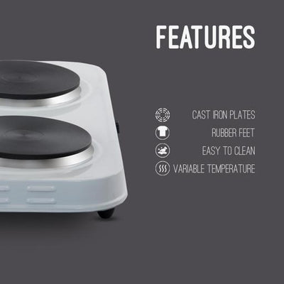 Geepas Double Hot Plate GHP32012 | 2000W Portable Electric Cooker with Adjustable Thermostat| Dual Die-Cast Iron Heating Elements| Overheat Protection| 2 Years Warranty