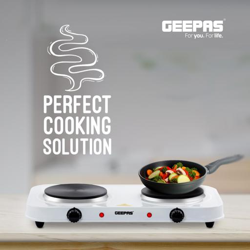 Geepas Double Hot Plate GHP32012 | 2000W Portable Electric Cooker with Adjustable Thermostat| Dual Die-Cast Iron Heating Elements| Overheat Protection| 2 Years Warranty