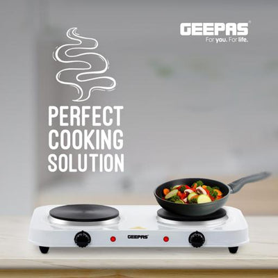 Geepas Double Hot Plate GHP32012 | 2000W Portable Electric Cooker with Adjustable Thermostat| Dual Die-Cast Iron Heating Elements| Overheat Protection| 2 Years Warranty