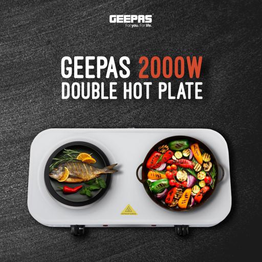 Geepas Double Hot Plate GHP32012 | 2000W Portable Electric Cooker with Adjustable Thermostat| Dual Die-Cast Iron Heating Elements| Overheat Protection| 2 Years Warranty