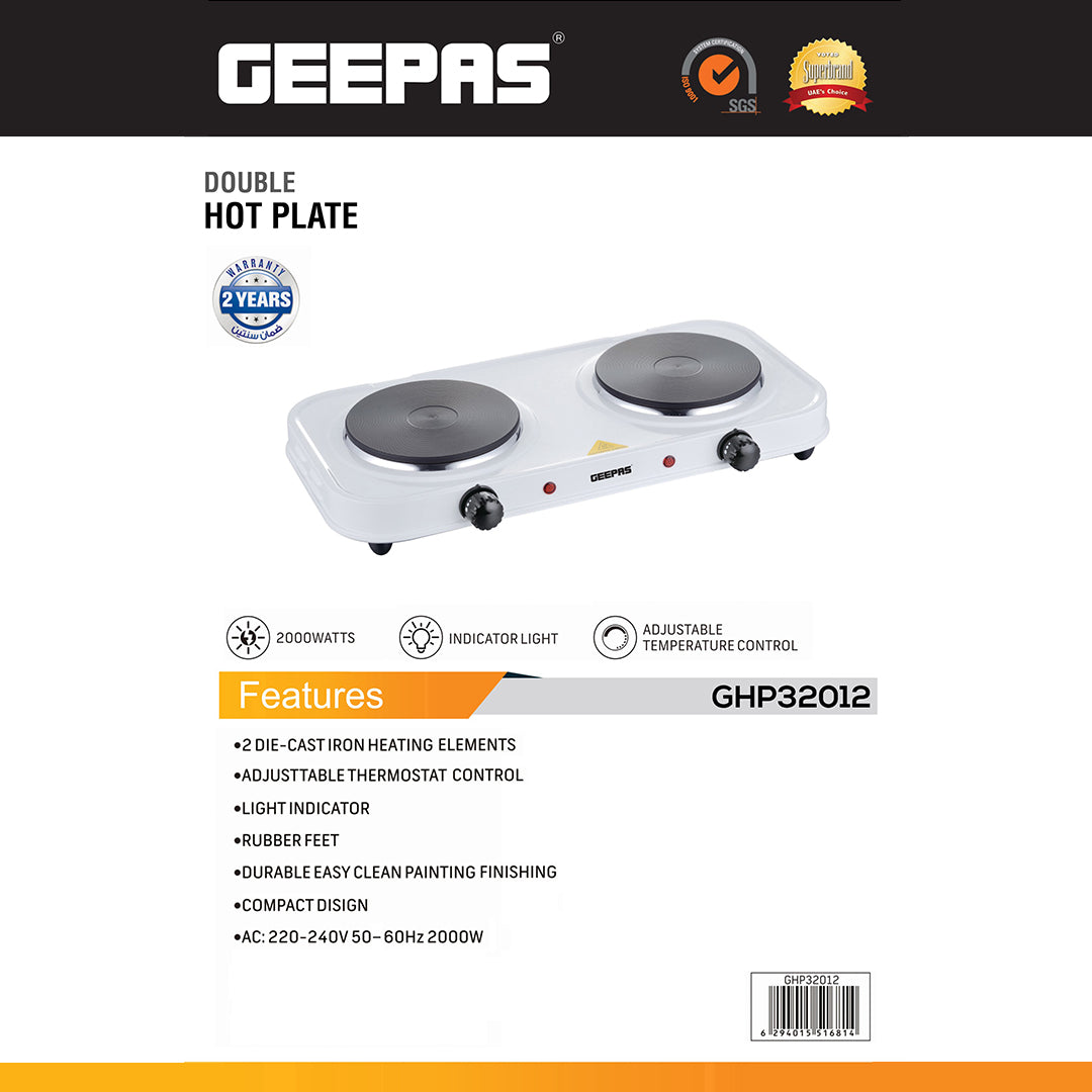 Geepas Double Hot Plate GHP32012 | 2000W Portable Electric Cooker with Adjustable Thermostat| Dual Die-Cast Iron Heating Elements| Overheat Protection| 2 Years Warranty