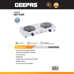 Geepas Double Hot Plate GHP32012 | 2000W Portable Electric Cooker with Adjustable Thermostat| Dual Die-Cast Iron Heating Elements| Overheat Protection| 2 Years Warranty