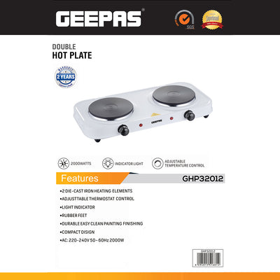 Geepas Double Hot Plate GHP32012 | 2000W Portable Electric Cooker with Adjustable Thermostat| Dual Die-Cast Iron Heating Elements| Overheat Protection| 2 Years Warranty