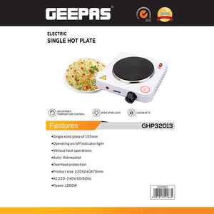 Geepas Electric Single Hot Plate GHP32013 | 1000W Power| 155mm Solid Plate | Adjustable Temperature Control | Auto Thermostat | Overheat Protection | Durable Design