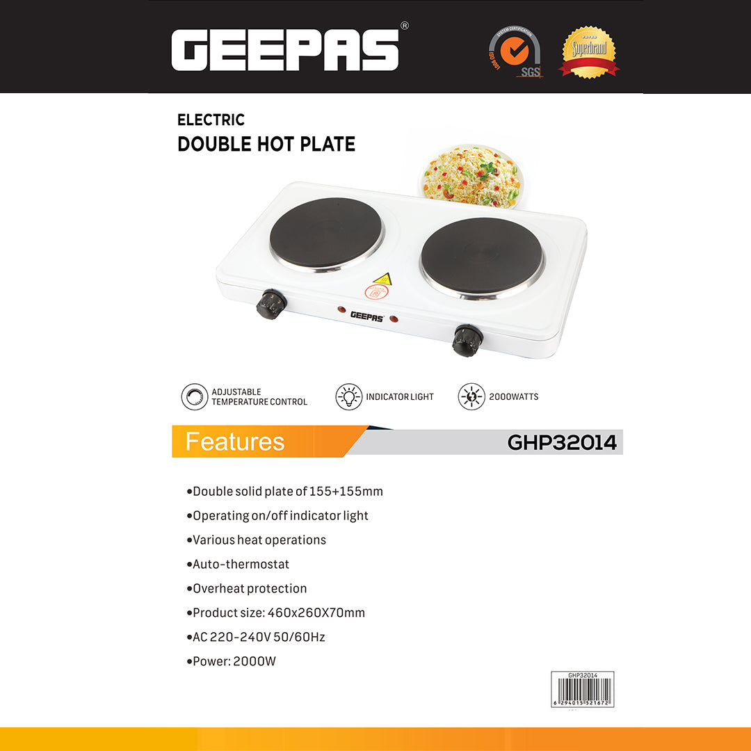 Geepas Electric Double Hot Plate GHP32014 | 2000W | Adjustable Temperature Control | Cast Iron Heating Plate 155mm | Overheat Protection | |Portable Electric Hob