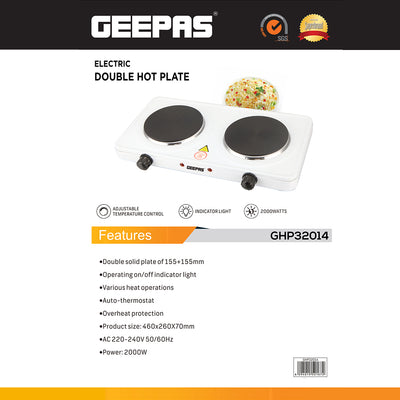 Geepas Electric Double Hot Plate GHP32014 | 2000W | Adjustable Temperature Control | Cast Iron Heating Plate 155mm | Overheat Protection | |Portable Electric Hob
