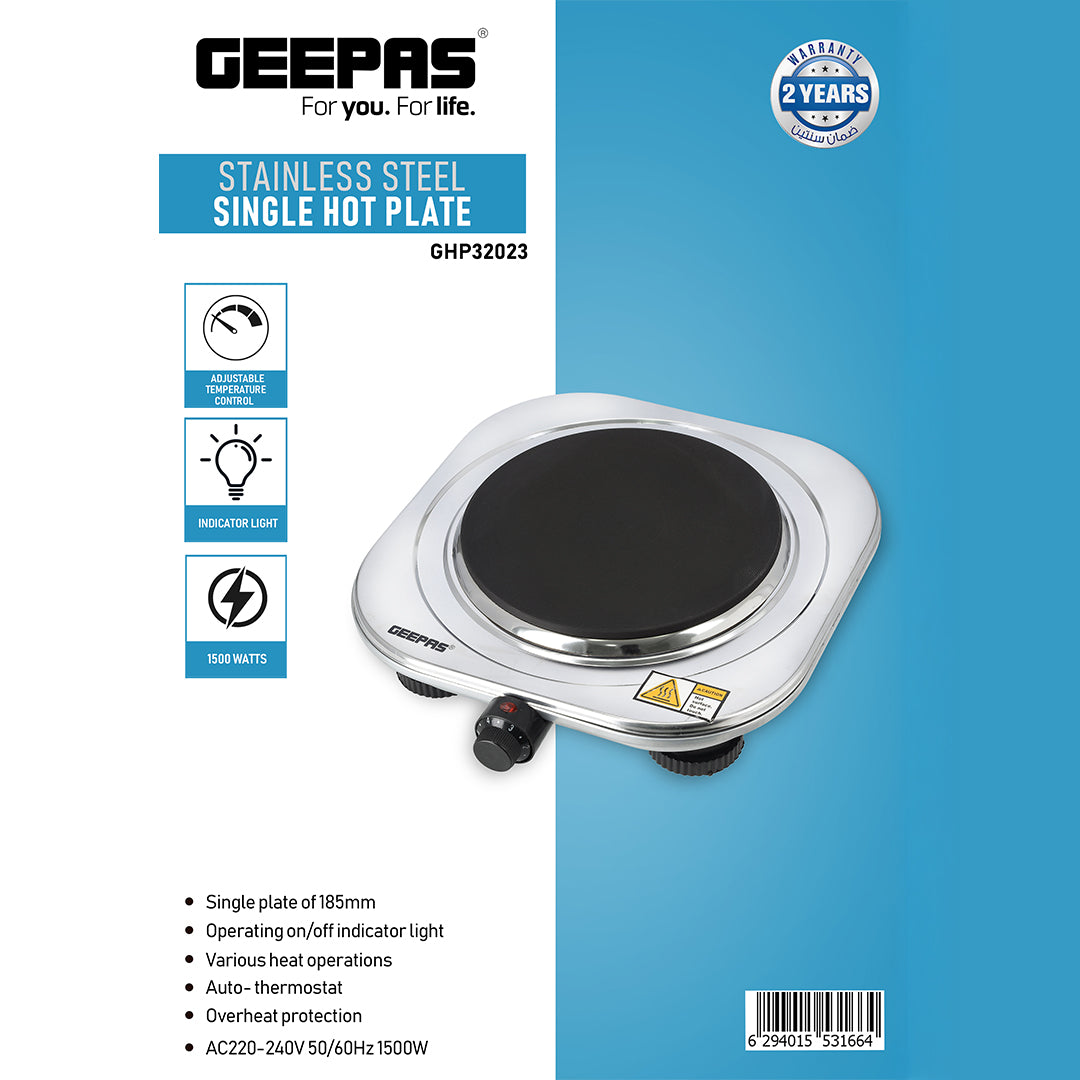 Geepas Stainless Steel Single Hot Plate GHP32023 | 1500W Powerful Heating | 185mm Solid Plate | Adjustable Temperature | Auto Thermostat Function | Overheat Protection