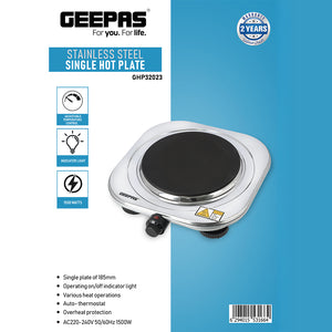 Geepas Stainless Steel Single Hot Plate GHP32023 | 1500W Powerful Heating | 185mm Solid Plate | Adjustable Temperature | Auto Thermostat Function | Overheat Protection
