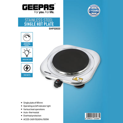 Geepas Stainless Steel Single Hot Plate GHP32023 | 1500W Powerful Heating | 185mm Solid Plate | Adjustable Temperature | Auto Thermostat Function | Overheat Protection