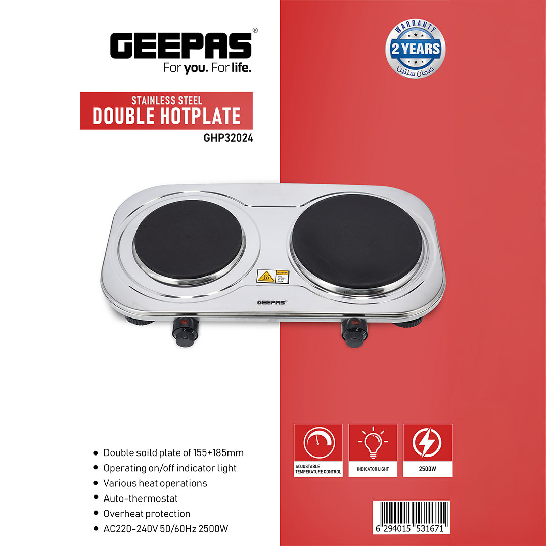 Geepas Stainless Steel Double Hot Plate GHP32024 |2500W Powerful Dual Solid Plates 155mm & 185mm|  Adjustable Temperature Control| Auto Thermostat | Overheat Protection
