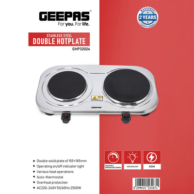 Geepas Stainless Steel Double Hot Plate GHP32024 |2500W Powerful Dual Solid Plates 155mm & 185mm|  Adjustable Temperature Control| Auto Thermostat | Overheat Protection