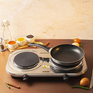 Geepas Stainless Steel Double Hot Plate GHP32024 |2500W Powerful Dual Solid Plates 155mm & 185mm|  Adjustable Temperature Control| Auto Thermostat | Overheat Protection