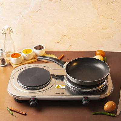 Geepas Stainless Steel Double Hot Plate GHP32024 |2500W Powerful Dual Solid Plates 155mm & 185mm|  Adjustable Temperature Control| Auto Thermostat | Overheat Protection