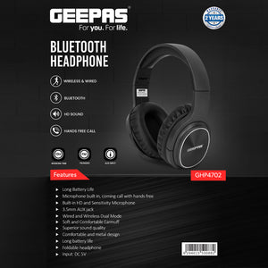 Geepas GHP4702 Bluetooth Headphone | Wireless & Wired Dual Mode | HD Sound | 10H Battery | Built-in Mic | FM Radio | AUX Input | Foldable Design | 2-Year Warranty