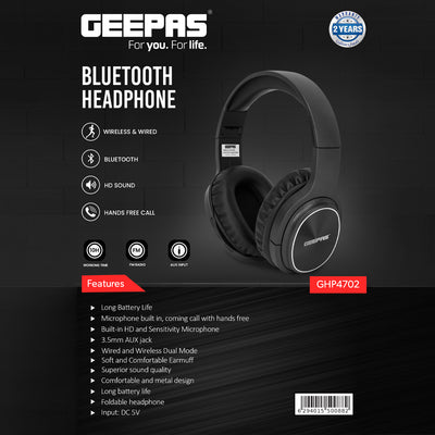 Geepas GHP4702 Bluetooth Headphone | Wireless & Wired Dual Mode | HD Sound | 10H Battery | Built-in Mic | FM Radio | AUX Input | Foldable Design | 2-Year Warranty