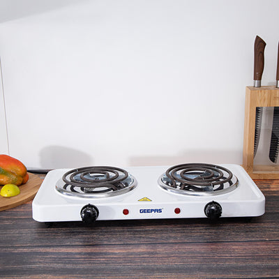 Geepas Electric Double Hot Plate GHP7576 | Dual 140mm Coil Plates| 2000W Power | Adjustable Temperature Control| Auto Thermostat| Indicator Light for Efficient Cooking