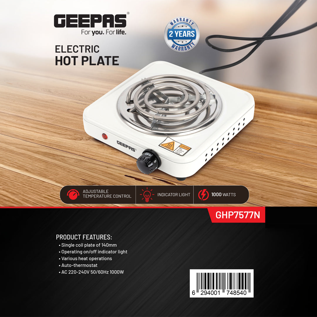 Geepas Electric Hotplate- GHP7577| Single Solid Hotplate of 140 MM, Equipped with Adjustable Thermostat| Ideal for Boiling, Sauting, Frying Etc | White, 2 Years Warranty