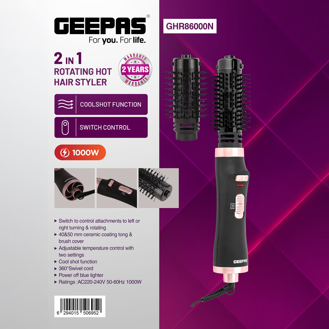 Geepas GHR86000 2-in-1 Rotating Hot Air Hair Styler | Cool Shot Function | 1000W Power | Dual Direction Rotation  |  Adjustable Heat Settings  | 2-Year Warranty