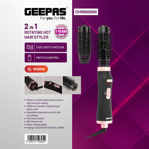 Geepas GHR86000 2-in-1 Rotating Hot Air Hair Styler | Cool Shot Function | 1000W Power | Dual Direction Rotation  |  Adjustable Heat Settings  | 2-Year Warranty