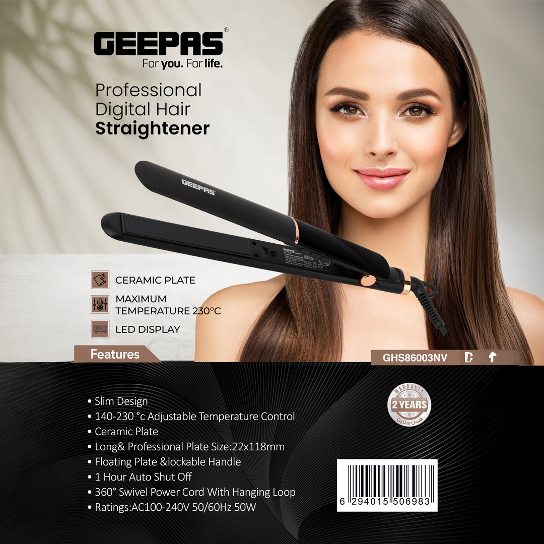 Geepas GHS86003 Professional Digital Hair Straightener | Ceramic Plate | 230°C | LED display | Adjustable temperature control | Slim, ergonomic design | Lockable handle
