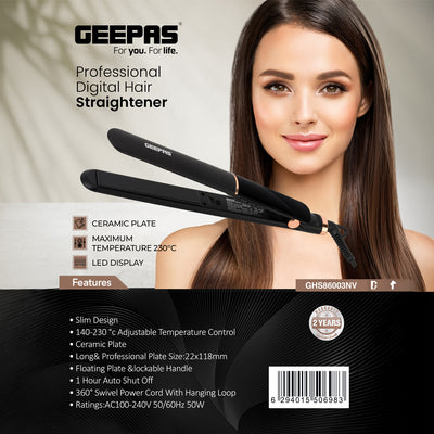 Geepas GHS86003 Professional Digital Hair Straightener | Ceramic Plate | 230°C | LED display | Adjustable temperature control | Slim, ergonomic design | Lockable handle