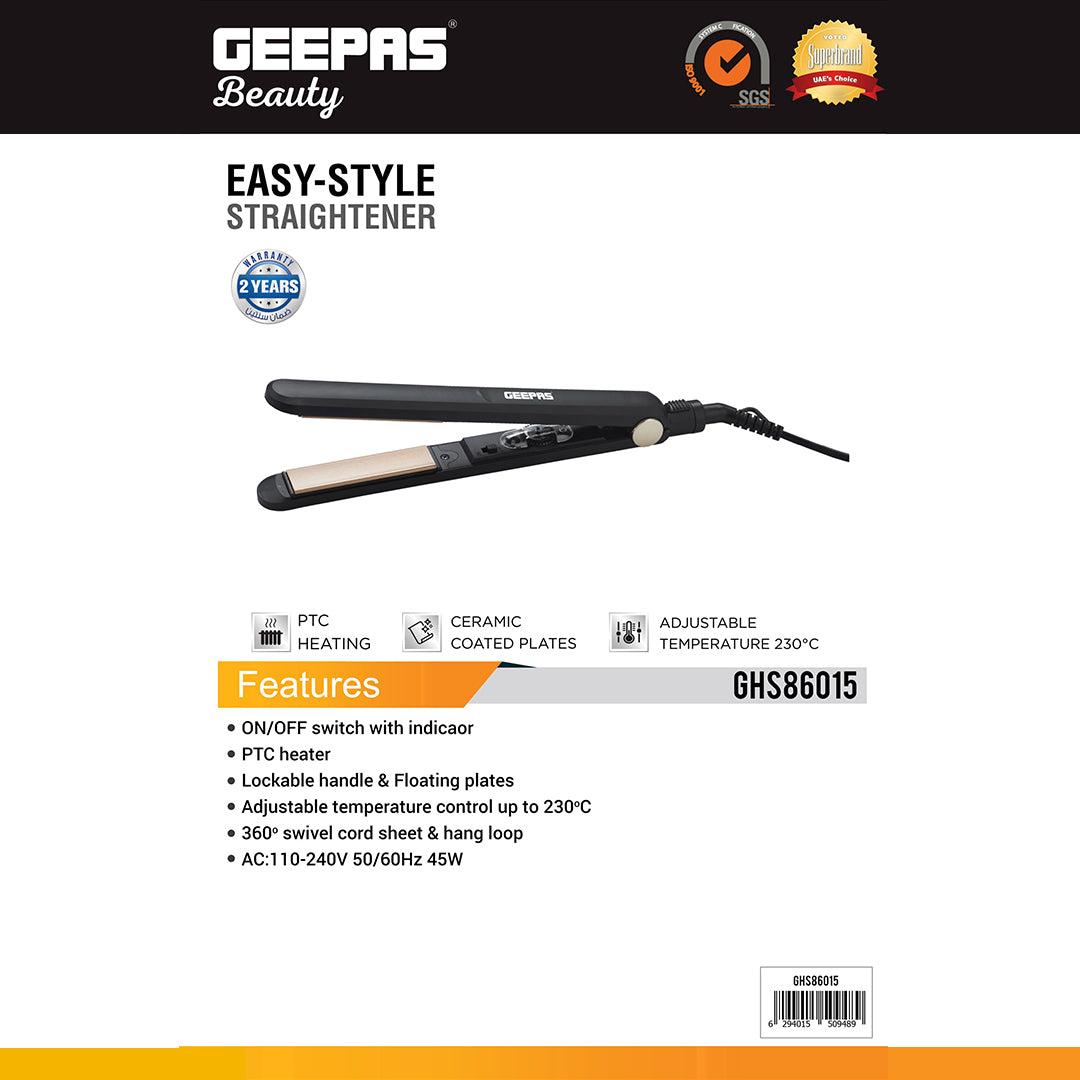 Geepas GHS86015 Easy-Style Hair Straightener with Ceramic Coated Plates, Adjustable Temperature 230°C, Lockable Handle & 360° Swivel Cord – 2 Year Warranty