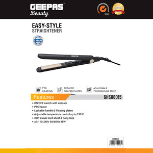 Geepas GHS86015 Easy-Style Hair Straightener with Ceramic Coated Plates, Adjustable Temperature 230°C, Lockable Handle & 360° Swivel Cord – 2 Year Warranty