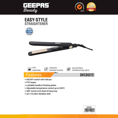 Geepas GHS86015 Easy-Style Hair Straightener with Ceramic Coated Plates, Adjustable Temperature 230°C, Lockable Handle & 360° Swivel Cord – 2 Year Warranty