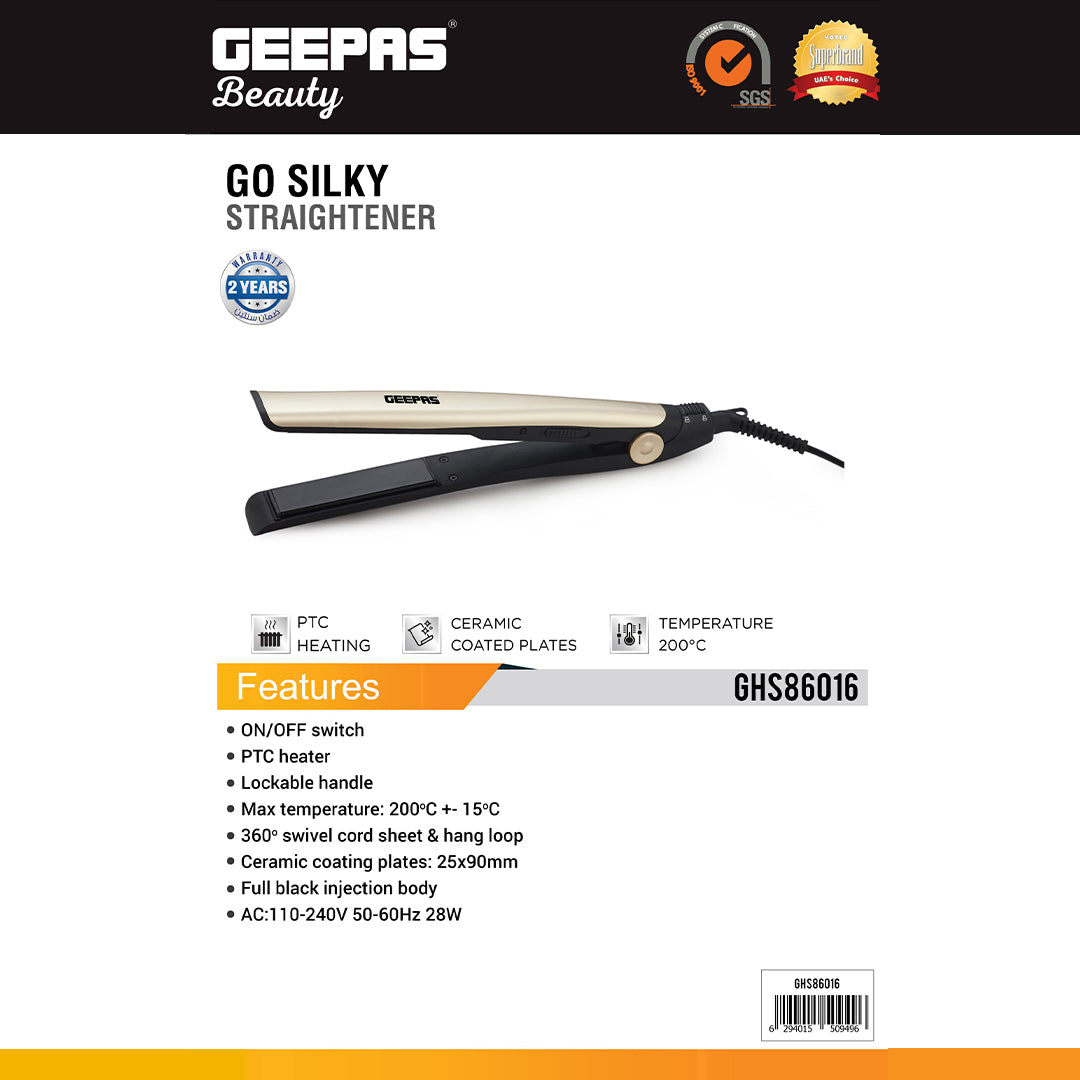 Geepas GHS86016  Hair Straightener |  28W Power| Ceramic Coated Plates| 200°C Max Temperature| PTC Heater | 360° Swivel Cord| Lockable Handle | 2 Years Warranty