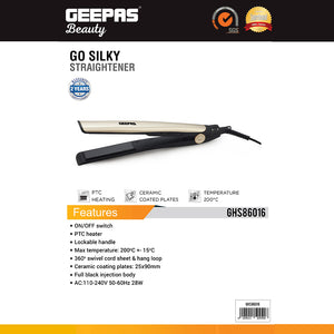 Geepas GHS86016  Hair Straightener |  28W Power| Ceramic Coated Plates| 200°C Max Temperature| PTC Heater | 360° Swivel Cord| Lockable Handle | 2 Years Warranty