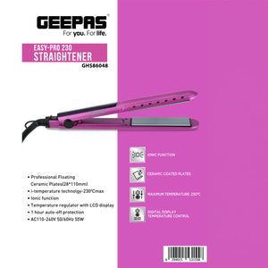 Geepas GHS86048  Easy-Pro 230 Hair Straightener | Ceramic Floating Plates | Fast Heating| Adjustable Temperature | Smooth & Frizz-Free Styling  | 2-Year Warranty