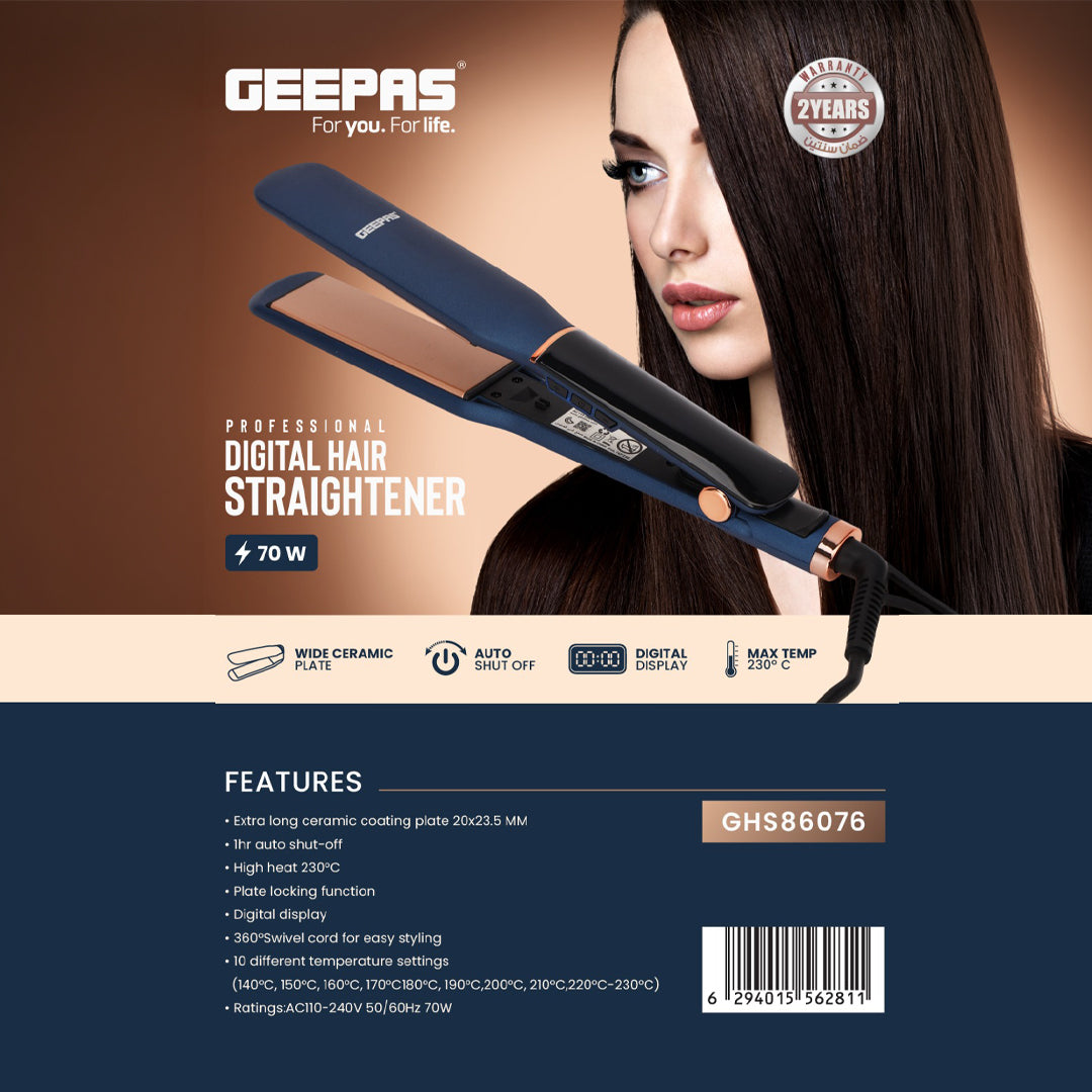 Geepas Digital Hair Straightener GHS86076 | Slim Design with Display, Ceramic Plates | Adjustable Temperature, Lockable Handle & 360° Swivel Cord | Salon & Home Use