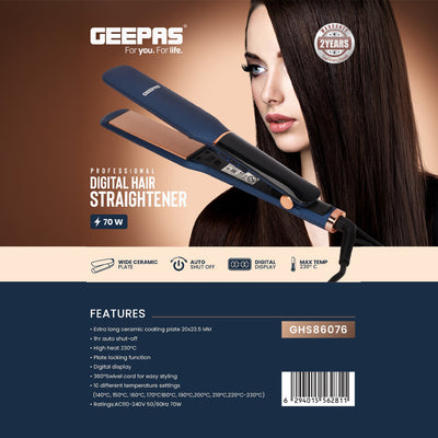 Geepas Digital Hair Straightener GHS86076 | Slim Design with Display, Ceramic Plates | Adjustable Temperature, Lockable Handle & 360° Swivel Cord | Salon & Home Use